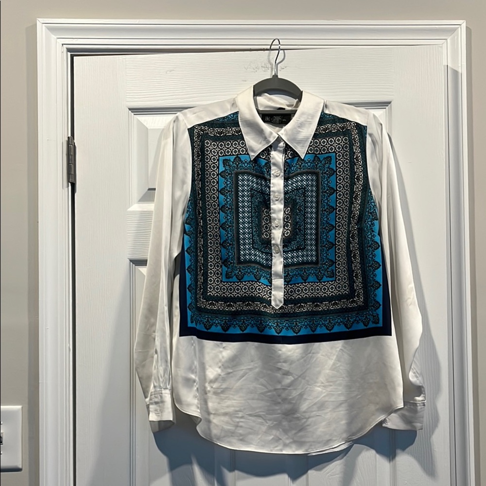 INC Casual Blue and Black Geometric Button Down‎ Blouse. Size 14